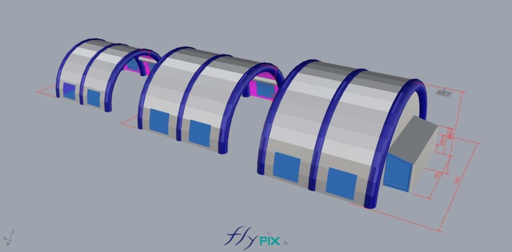 3D model of a mobile military aeronautical shelter, composed of 3 half-moon tunnel modules.