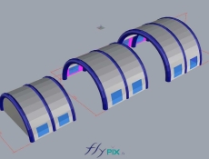 3D model of a mobile military aeronautical shelter, composed of 3 half-moon tunnel modules.