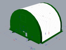 3D view of a half-moon tunnel inflatable module, a military aeronautical shed hangar, the rear gable, with a small service door, an inflatable structure in 0.45 mm double-skin padded PVC envelope, inflated with air using several electric turbines.