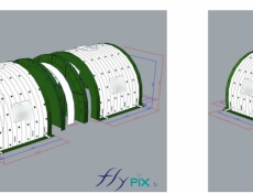 Several 3D views: the combination of 2 large inflatable half-moon tunnel modules provides a very large usable surface area and a very large working volume, in order to obtain a large inflatable military aeronautical hangar, or an inflatable shelter for the storage of equipment, military equipment, or for the protection of soldiers, military personnel, paratroopers, officers during armed deployments during wars or conflicts.