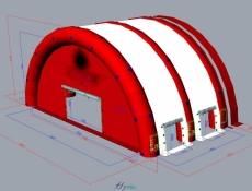 3D view showing a half-moon tunnel-shaped inflatable module, the front gable of a large, custom-built military inflatable aircraft hangar, with a large, well-sized main access door.