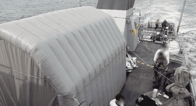 Military advanced medical posts inflatables tents for the French Navy in Toulon. With this inflatable shelter, the French Navy and the French government are committed to taking concrete initiatives to save lives at sea in the English Channel; to safeguard and protect migrants and refugees trying to reach Great Britain in extremely difficult conditions.