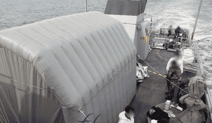 Military advanced medical posts inflatables tents for the French Navy in Toulon. With this inflatable shelter, the French Navy and the French government are committed to taking concrete initiatives to save lives at sea in the English Channel; to safeguard and protect migrants and refugees trying to reach Great Britain in extremely difficult conditions.