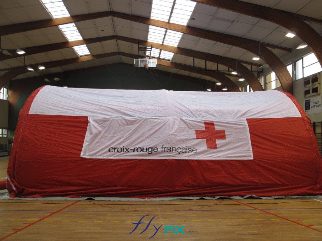 Half-moon tunnel-shaped first aid medical shelter, custom-made for the French Red Cross.