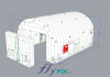 3D view of an inverted U-shaped military hangar, an aeronautical shelter with a large removable door, a captive air inflatable structure in a very strong and robust padded double-skin PVC envelope.