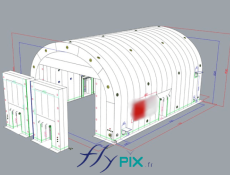 3D view of an inverted U-shaped military hangar, an aeronautical shelter with a large removable door, a captive air inflatable structure in a very strong and robust padded double-skin PVC envelope.