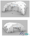 3D view of the proof of the PMA tent (advanced medical post tent), for the Civil Protection of Niger, for the French Embassy in Niger. This document was validated by the client for the manufacture of the inflatable first aid shelter. As can be seen here, it is a tent with cut sides, large gable doors, air vents, windows and a washable PVC ground sheet.