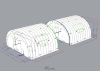 3D view showing the concept of a large inflatable military hangar shelter, composed of 2 half-moon inflatable tunnel modules, assembled to obtain a very large useful working surface, in particular for the storage of equipment, military vehicles, weapons or ammunition.