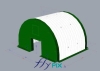 3D view of a half-moon tunnel inflatable module, a military aeronautical shed hangar, the front gable, with a large wide gable door, an inflatable structure in 0.45 mm double-skin padded PVC envelope, inflated with air using several electric turbines.