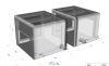 3D view showing the concept of a military inflatable NRBC (Nuclear, Radiological, Biological and Chemical Weapons) shelter, in the shape of a cube or parallelepiped, for containment, cleaning and decontamination.