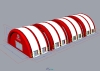 3D view showing a concept of a large mobile inflatable military shed hangar for the army, consisting of 2 inflatable modules with gable and large door, 2 intermediate inflatable modules, with side access doors for soldiers, officers, military personnel and paratroopers.