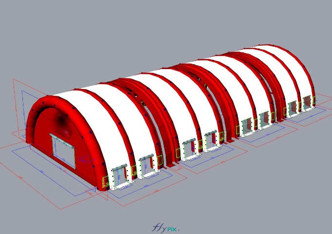 3D view showing a concept of a large mobile inflatable military shed hangar for the army, consisting of 2 inflatable modules with gable and large door, 2 intermediate inflatable modules, with side access doors for soldiers, officers, military personnel and paratroopers.