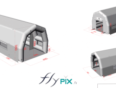 A 3D modeling image presenting the concept of a field hospital, an inflatable shelter advanced medical post, for first aid, a captive air inflatable tent, inflated with an electric pump.