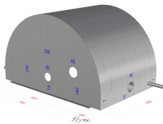 3D view showing the concept of a military inflatable NRBC (Nuclear, Radiological, Biological and Chemical Weapon) shelter, in the shape of a half-moon tunnel, for containment, cleaning and decontamination.