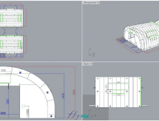 Different 3D views presenting the concept of a large inflatable military hangar shelter, composed of 2 inflatable half-moon tunnel modules, assembled to obtain a very large useful working surface, in particular for the storage of equipment, military vehicles, weapons or ammunition.