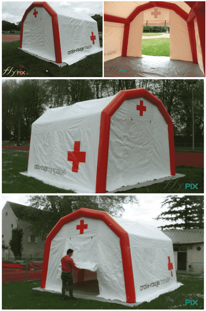 Several photos of a military inflatable first aid tent, manufactured for the French Red Cross, a captive air inflatable shelter, with a floor flap, a cover with a flap and a removable ground sheet.