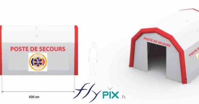 Here is the final proof (BAT - bon à tirer) of the inflatable medical tent (Advanced Medical Post), custom-made by us at the request of the UASC/Association Unité Ambulance de Sécurité Civile, in Nice, in southeastern France. – All rights reserved, reproduction prohibited. Copyright FlyPix / Vivien LAÏLLE.