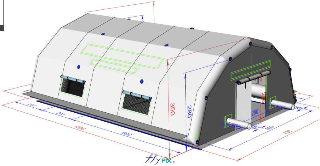 Various 3D views, infographics designed and created by our graphic designer, showcasing different details of the PMA inflatable tent. This type of representation is very useful for visualizing all the information at once, such as the usable interior dimensions, the overall configuration, the finishes, the accessories, and the layout within the inflatable medical shelter. It is helpful to present the inflatable structure with and without the walls, from above and below, to clearly demonstrate its overall sturdiness.