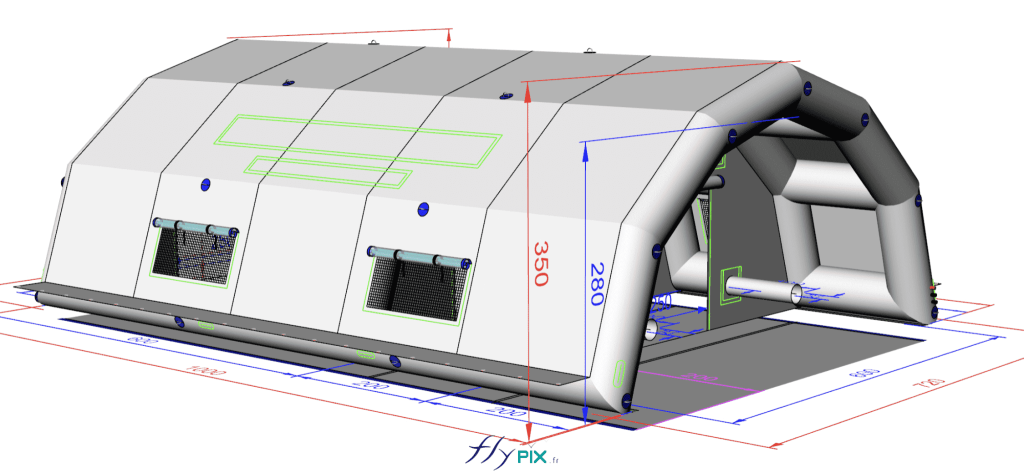Here is a 3D model, the final proof, presenting the concept of the Advanced Medical Post (PMA) tent, approved by the client. This custom-made inflatable shelter, manufactured by us, is air-locked, meaning it is inflated with air using an electric pump and a pressure regulator. The material used is single-layer 0.6 mm PVC with welded seams. On the front gable end, there is a canopy and a wide main entrance door. The shelter also includes windows and skylights with shutters and mosquito nets. Velcro strips on the roof are reserved for removable PVC banners, customized with printed markings. A ground sheet runs along the base of the walls and access doors. Metal rings and eyelets are distributed along the frame tubes for attaching the guy lines, which will be connected to the sandbags. Interfaces for air sleeves and electrical cable conduits are also present. - Photo: copyright FlyPix/Vivien LAÏLLE, all rights reserved.