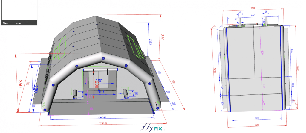 Captive air, non-return valve, pressure relief valves, Inflated with air using a pump and pressure regulator, Materials: hybrid tent, frame tubes made of 0.6 mm single-skin waterproof PVC, and walls and roofs made of 0.45 mm single-skin PVC, to optimize overall weight, factory Pantone color, welded seams.