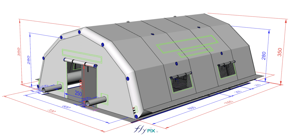 There is an external access canopy measuring L = 2 m x W = 6 m x S = 12 m² at the main access door, for vehicle access. – Photo: copyright FlyPix/Vivien LAÏLLE, all rights reserved.