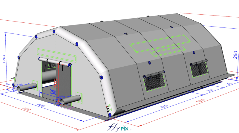 There is an external access canopy measuring L = 2 m x W = 6 m x S = 12 m² at the main access door, for vehicle access. – Photo: copyright FlyPix/Vivien LAÏLLE, all rights reserved.