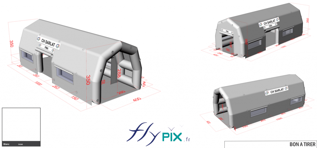 3D view and final proof model of the Advanced Medical Post (PMA) tent commissioned by the Sarlat Hospital. The usable dimensions were validated and specified directly by the client based on their needs and specifications. – All rights reserved, reproduction prohibited. Copyright FlyPix / Vivien LAÏLLE. 3D view and final proof model of the Advanced Medical Post (PMA) tent commissioned by the Sarlat Hospital. The usable dimensions were validated and specified directly by the client based on their needs and specifications. – All rights reserved, reproduction prohibited. Copyright FlyPix / Vivien LAÏLLE.