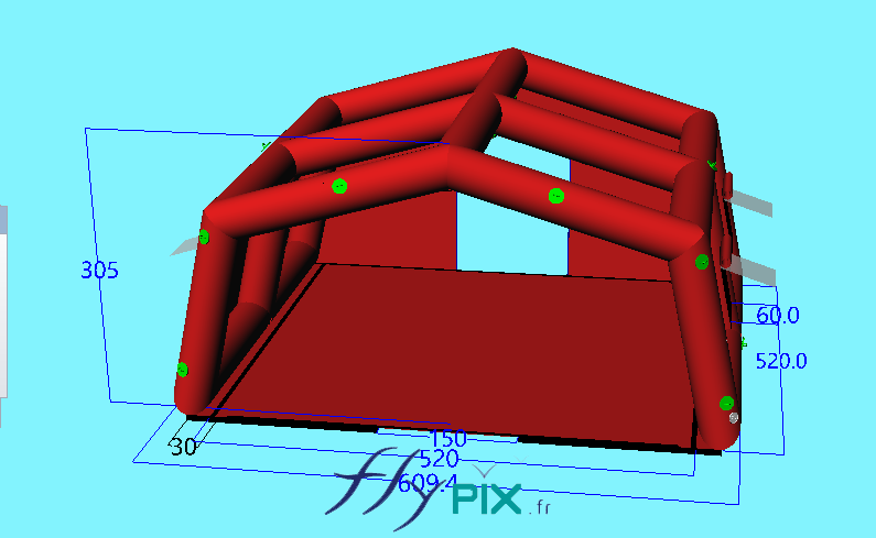 This 3D model view shows the frame, the structure, that is to say the skeleton of the inflatable PMA shelter, with the frame tubes clearly visible. – Copyright Vivien LAÏLLE/FlyPix, all rights reserved, reproduction prohibited.