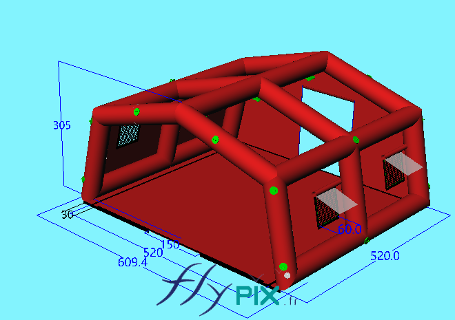 This 3D model view shows the frame, the structure, that is to say the skeleton of the inflatable PMA shelter, with the frame tubes clearly visible. – Copyright Vivien LAÏLLE/FlyPix, all rights reserved, reproduction prohibited.