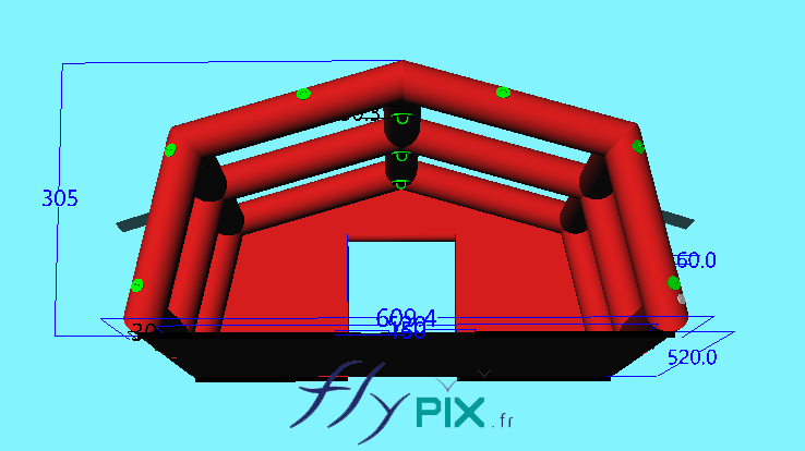 This 3D model view shows the frame, the structure, that is to say the skeleton of the inflatable PMA shelter, with the frame tubes clearly visible. – Copyright Vivien LAÏLLE/FlyPix, all rights reserved, reproduction prohibited.