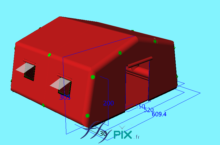 A 3D model view showing an inflatable advanced medical post shelter measuring 5.2 m x 5.2 m, with a surface area of ​​27 m², containing trapped air and made of a single-skin 0.6 mm PVC envelope. This inflatable structure, with a surface area of ​​27 m², contains no metal components and is inflated in one piece using an electric pump. The first aid shelter features four windows, a large main access door, and a ground sheet. – Copyright Vivien LAÏLLE/FlyPix, all rights reserved, reproduction prohibited.