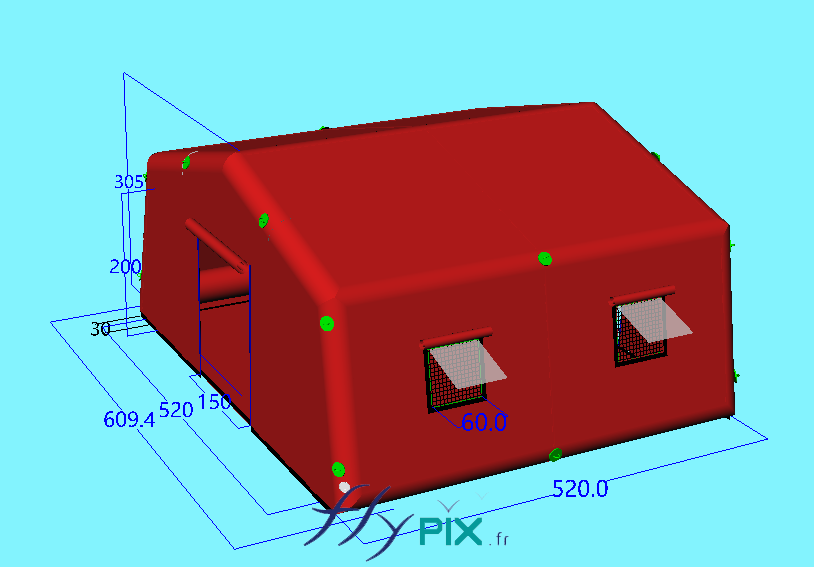 Another 3D view of the inflatable first aid tent, measuring L = 5.2 m x W = 5.2 m, S = 37 m² and surface area S = 27 m², custom-made by us in our workshops in France. – Copyright Vivien LAÏLLE/FlyPix, all rights reserved, reproduction prohibited.