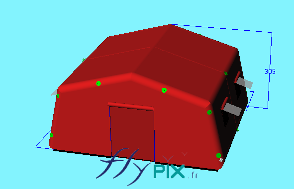 A 3D model view showing an inflatable advanced medical post shelter with dimensions L = 5.2 m x W = 5.2 m, S = 27 m², sealed air, with a single-skin 0.6 mm PVC envelope. – Copyright Vivien LAÏLLE/FlyPix, all rights reserved, reproduction prohibited.