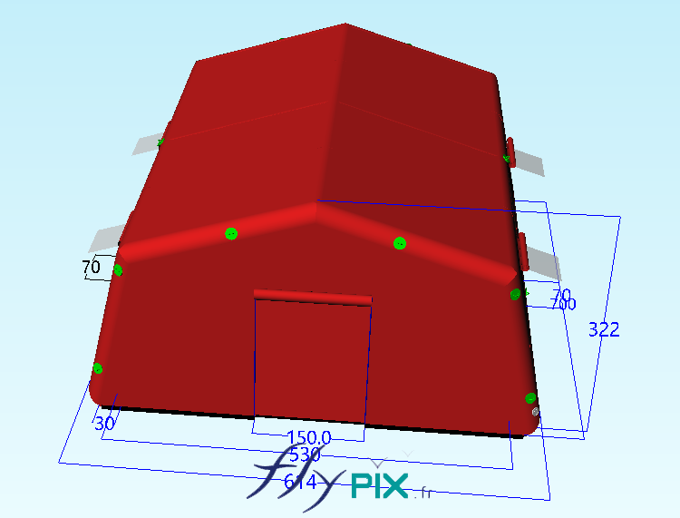 The inflatable PMA (Advanced Medical Post) tent is shown in this 3D model image, the concept of which has been validated by the Polish client. This inflatable shelter, once folded and packed into a bag, takes up very little space and can be deployed very quickly in the field. It is a captive-air inflatable structure, meaning it is inflated with air using an electric pump. – Copyright Vivien LAÏLLE/FlyPix, all rights reserved, reproduction prohibited.