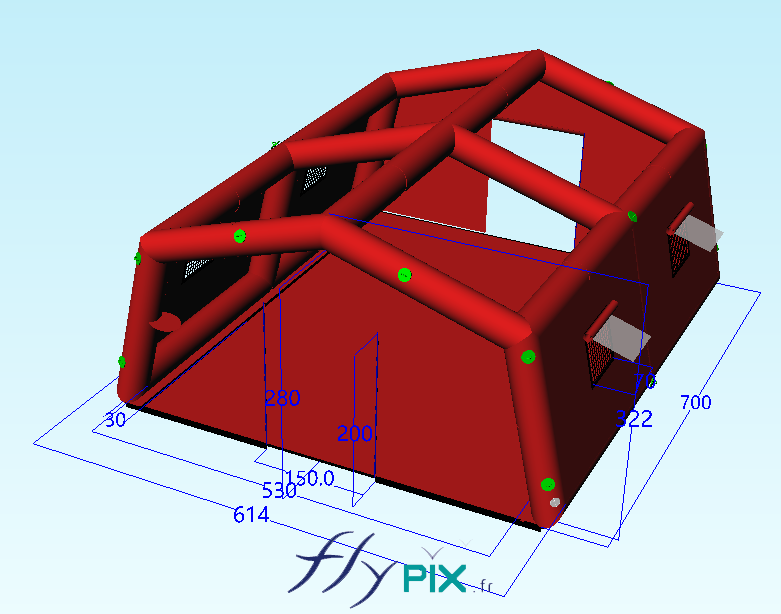 This 3D model view shows the frame, the structure, that is to say the skeleton of the inflatable PMA shelter, with the frame tubes clearly visible. – Copyright Vivien LAÏLLE/FlyPix, all rights reserved, reproduction prohibited.