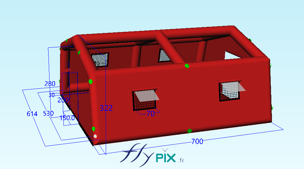 This 3D modeling view shows the frame, the structure, that is to say the skeleton of the inflatable first aid tent, with the frame tubes clearly visible. - Copyright Vivien LAÏLLE/FlyPix, all rights reserved, reproduction prohibited.