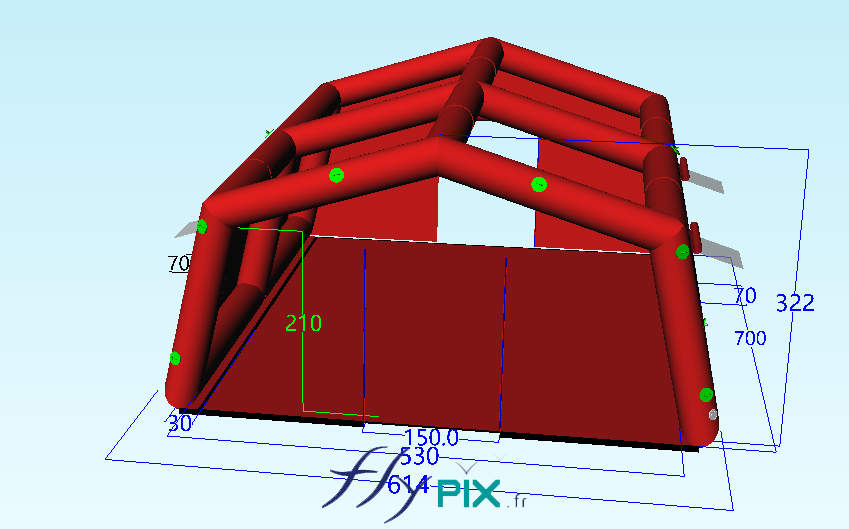 This 3D model view shows the frame, the structure, that is to say the skeleton of the inflatable first aid tent, with the frame tubes clearly visible. – Copyright Vivien LAÏLLE/FlyPix, all rights reserved, reproduction prohibited.