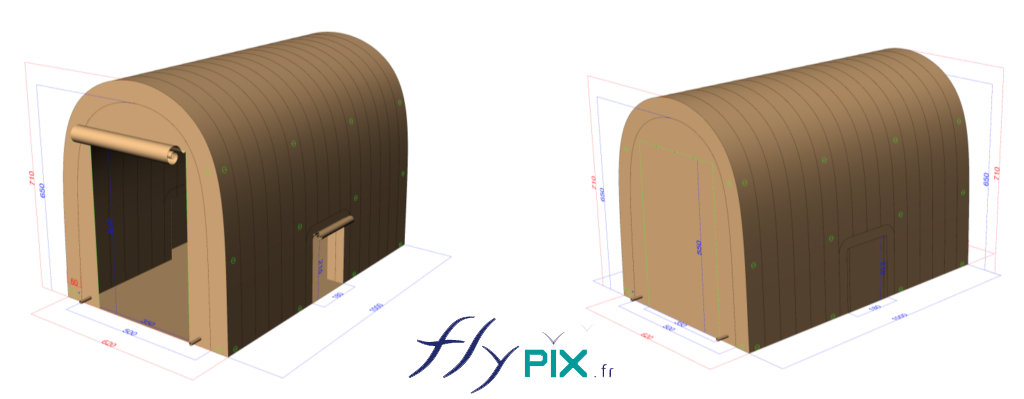 3D modeling and final proof of the inverted U-shaped construction tent, approved by the client Thales. - All rights reserved, copyright FLYPIX. Computer graphics rendering, 3D model showing the inflatable hangar concept, with the main door open and closed. – All rights reserved, copyright FLYPIX.