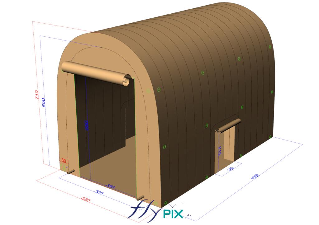The inflatable shelter features two large, wide gable doors and two side service access doors. All rights reserved, copyright FLYPIX. This 3D computer-generated image of the inflatable hangar shows the gable end of the front facade of the inflatable structure, with a large, wide gable door, shown here open. A small service door is located on the left side wall. – All rights reserved, copyright FLYPIX.