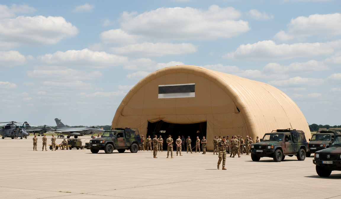 A large inflatable military hangar custom-made in France, for logistical support and storage or maintenance of military vehicles, for officers and soldiers or military personnel, rapid deployment and high mobility for the armed forces. – This image was generated by AI, using GEMINI, from 3D model views of the final proof created by our graphic designer and approved by the client, as well as from photos and real-life shots of certain details of the inflatable tent, taken directly in our manufacturing workshop. Media partially generated by AI and verified by an agent. – Copyright Vivien LAÏLLE/FlyPix, all rights reserved, reproduction prohibited.