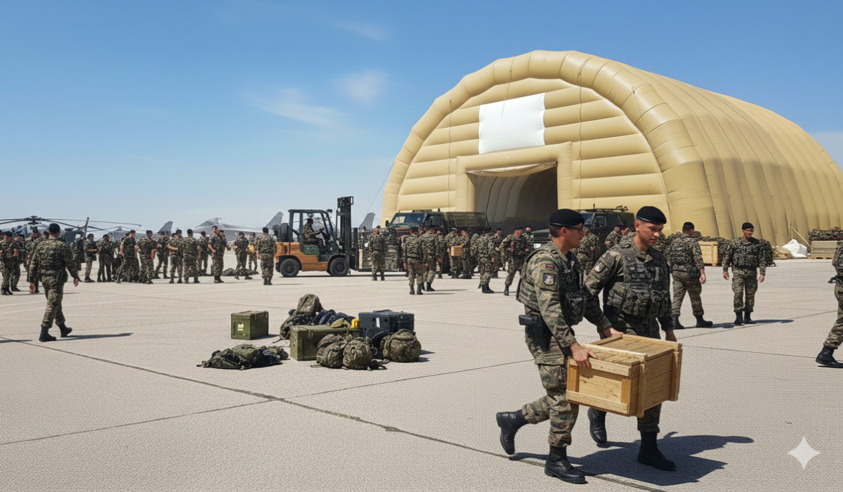 A large inflatable military hangar custom-made in France, for logistical support and storage or maintenance of military vehicles, for officers and soldiers or military personnel, rapid deployment and high mobility for the armed forces. – This image was generated by AI, using GEMINI, from 3D model views of the final proof created by our graphic designer and approved by the client, as well as from photos and real-life shots of certain details of the inflatable tent, taken directly in our manufacturing workshop. Media partially generated by AI and verified by an agent. – Copyright Vivien LAÏLLE/FlyPix, all rights reserved, reproduction prohibited.