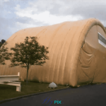 NEXTER: an overview of a large, two-module, tunnel-shaped inflatable military hangar, entirely made of double-skinned, padded PVC. This inflatable military shelter can be deployed very quickly in any location in the event of military conflicts. It can accommodate officers, soldiers, military personnel, paratroopers, or technicians. – All rights reserved, copyright FLYPIX.