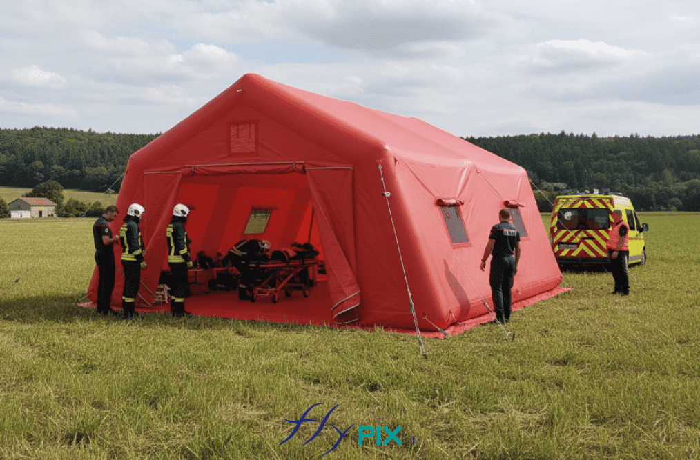 A simulation view showing the deployment of a 37 m² PMA tent, a captive air inflatable structure inflated with an electric pump. Deployment in a rural area. This inflatable shelter has a 0.6 mm single-layer PVC shell for the airtight inflatable tube frames, and a 0.45 mm single-layer PVC shell for the walls and roof. This inflatable tent is easy to set up and deploy, and when folded, it takes up very little space in the intervention vehicle. A removable groundsheet allows for deployment on a clean and dry surface. – This image was AI-generated using GEMINI, based on 3D model views of the final artwork created by our graphic designer and approved by the client, as well as photos and real-life shots of certain details of the inflatable tent, taken directly in our manufacturing workshop. Media partially generated by AI and verified by an agent. – Copyright Vivien LAÏLLE/FlyPix, all rights reserved, reproduction prohibited.