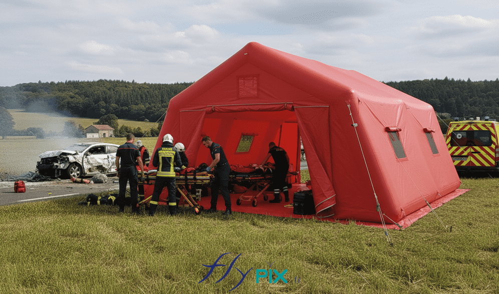 A simulation view, a real-life scenario, showcasing the concept of one of our inflatable first aid tents. Here, the surface area is S = 37 m². In this scene of deploying medical aid to victims on the side of a country road following a road accident, the inflatable medical shelter was set up by paramedics. This PMA inflatable tent is a captive air inflatable structure, custom-made by us in our workshops in Orléans, France. It is inflated with an electric pump and is entirely made of a single-layer 0.6 mm PVC shell with welded seams. – This image was generated by AI, using GEMINI, from 3D model views of the final proof created by our graphic designer and approved by the client, as well as from photos and real-life shots of certain details of the inflatable tent, taken directly in our manufacturing workshop. Media partially generated by AI and verified by an agent. – Copyright Vivien LAÏLLE/FlyPix, all rights reserved, reproduction prohibited.