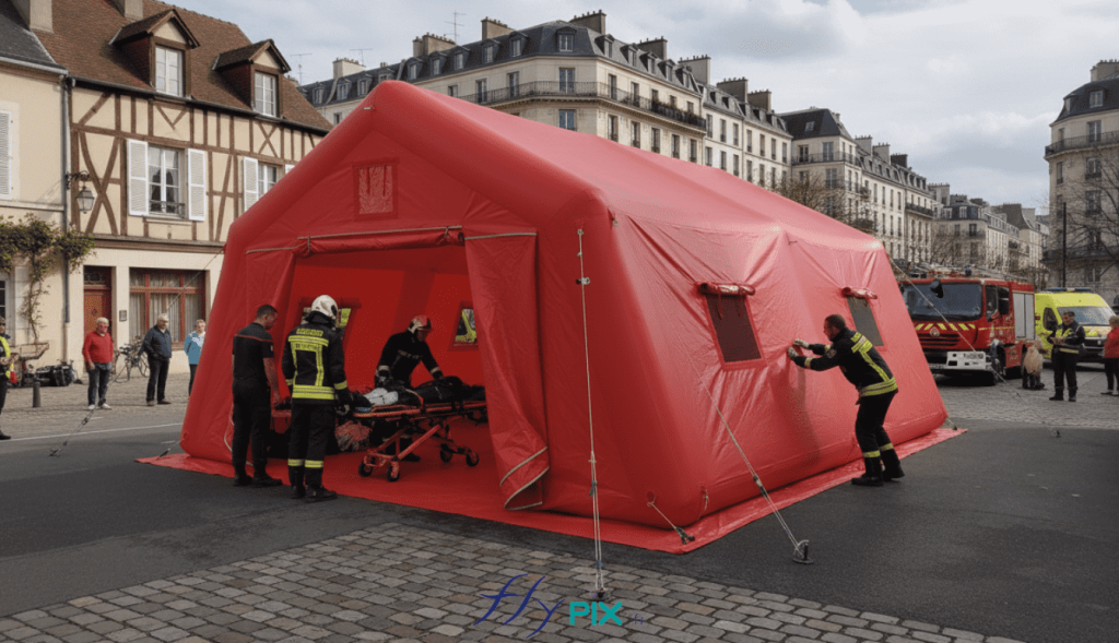 Another view showing a simulation of the installation of the inflatable medical tent, here in an urban area. This inflatable shelter is a first aid post that can be set up very quickly in just a few minutes in an emergency, to provide assistance to people injured in road accidents, the sick, in the event of epidemics or natural disasters, following earthquakes, or in the event of terrorist attacks. Our inflatable tents take up little space when deflated and inflate very quickly in one piece, in just a few minutes. The inflatable structure is a module that protects emergency medical personnel, firefighters, or military personnel, as well as patients, victims, and the sick from rain, wind, and inclement weather, all while maintaining discretion. This image was AI-generated using GEMINI, based on 3D model views of the final proof created by our graphic designer and approved by the client, as well as photos and real - life shots of certain details of the inflatable tent, taken directly in our manufacturing workshop. Media partially generated by AI and verified by an agent. – Copyright Vivien LAÏLLE/FlyPix, all rights reserved, reproduction prohibited.