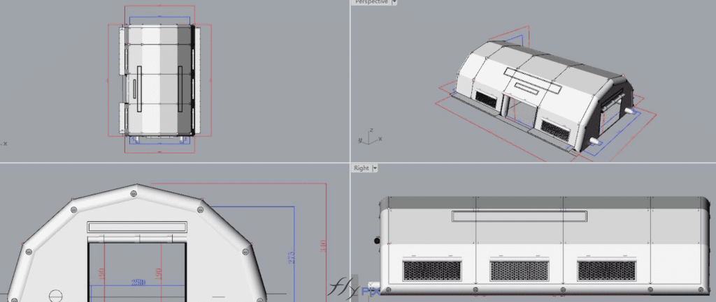 Above: the final proof (BAT), the 3D model presenting the concept of the Advanced Medical Post (PMA) tent, with usable dimensions of L = 10 m x W = 6 m x H = 2.75 m, custom-made and approved by TEDIS . The inflatable advanced medical post tent features several removable printed tarpaulin banners, attached with Velcro. The image shows the inflatable first aid shelter from different angles: top view, front view of the gable end with the main access door, side view with the windows, and a general overhead view to show the final result.