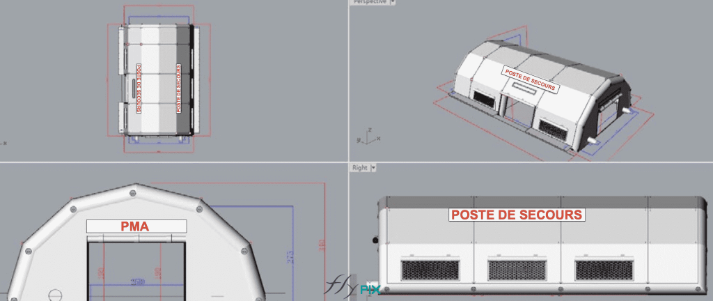 Above: the final proof (BAT), the 3D model presenting the concept of the Advanced Medical Post (PMA) tent, with usable dimensions of L = 10 m x W = 6 m x H = 2.75 m, custom-made and approved by TEDIS . The inflatable advanced medical post tent features several removable printed tarpaulin banners, attached with Velcro. The image shows the inflatable first aid shelter from different angles: top view, front view of the gable end with the main access door, side view with the windows, and a general overhead view to show the final result.