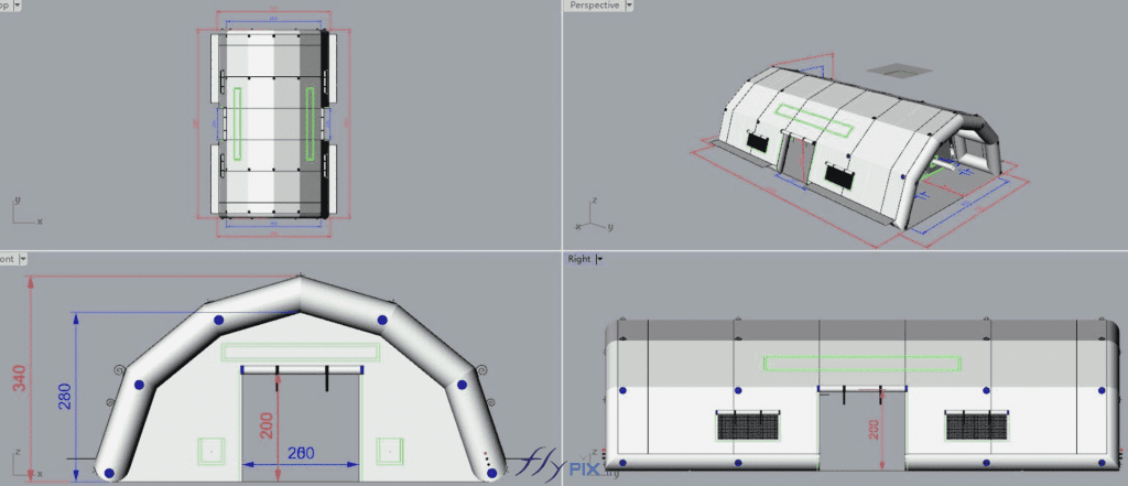 A proof (ready for printing), representing four 3D model views of the inflatable medical tent: a top view, a front view with the canopy and main door, a side view with a secondary service door, and finally a general three-quarter front aerial view. – Copyright Vivien LAÏLLE / FlyPix – All rights reserved, reproduction prohibited.