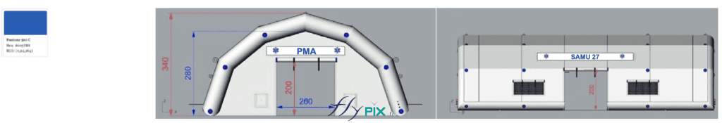Front and side views of the PMA tent, showing the main door (W = 2.60 m x H = 2.00 m) and above it a removable banner (Velcro fastenings), under the access canopy. On the side, there are two windows with removable shutters (Velcro fastenings) and a secondary access door 2 m high. Two large removable banners with " SAMU 27 " Velcro fastenings are located on the roof. – Copyright Vivien LAÏLLE / FlyPix – All rights reserved, reproduction prohibited.