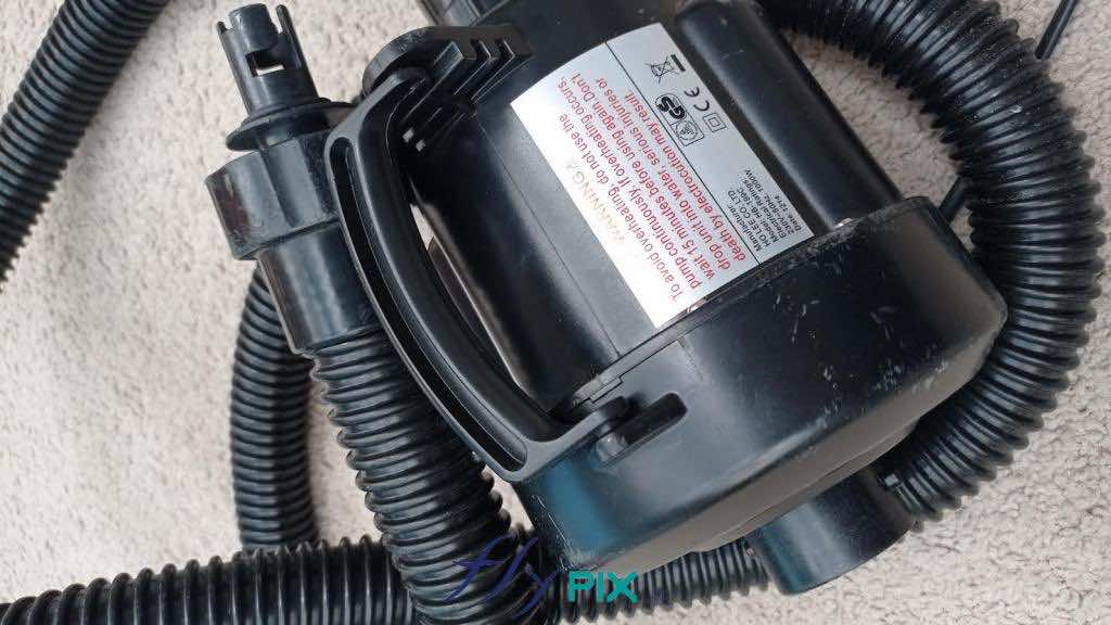 Reversible electric pump, 220V, CE standards, 1-year warranty, 1200W power. This type of pump allows you to inflate the frame tubes of the PMA air captive inflatable tent very quickly and efficiently.